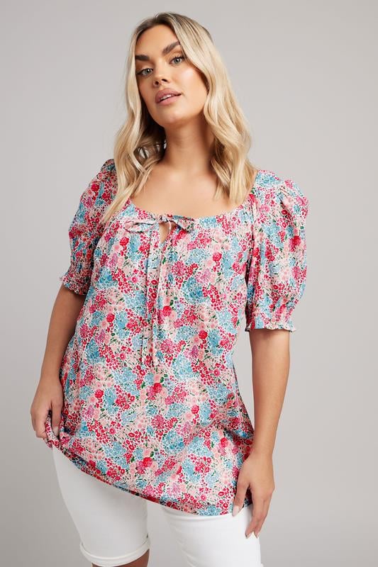 Yours YOURS Curve Red & Blue Floral Print Tie Front Blouse
