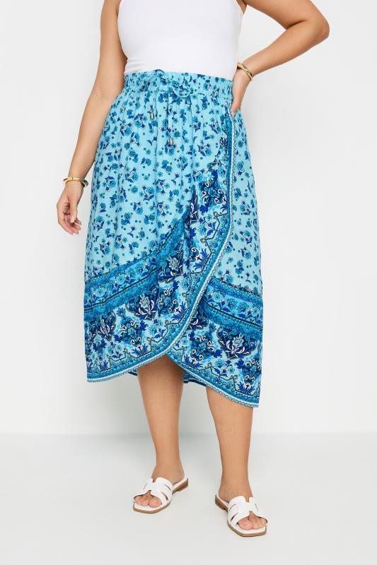 Yours YOURS Curve Blue Floral Print Wrap Skirt