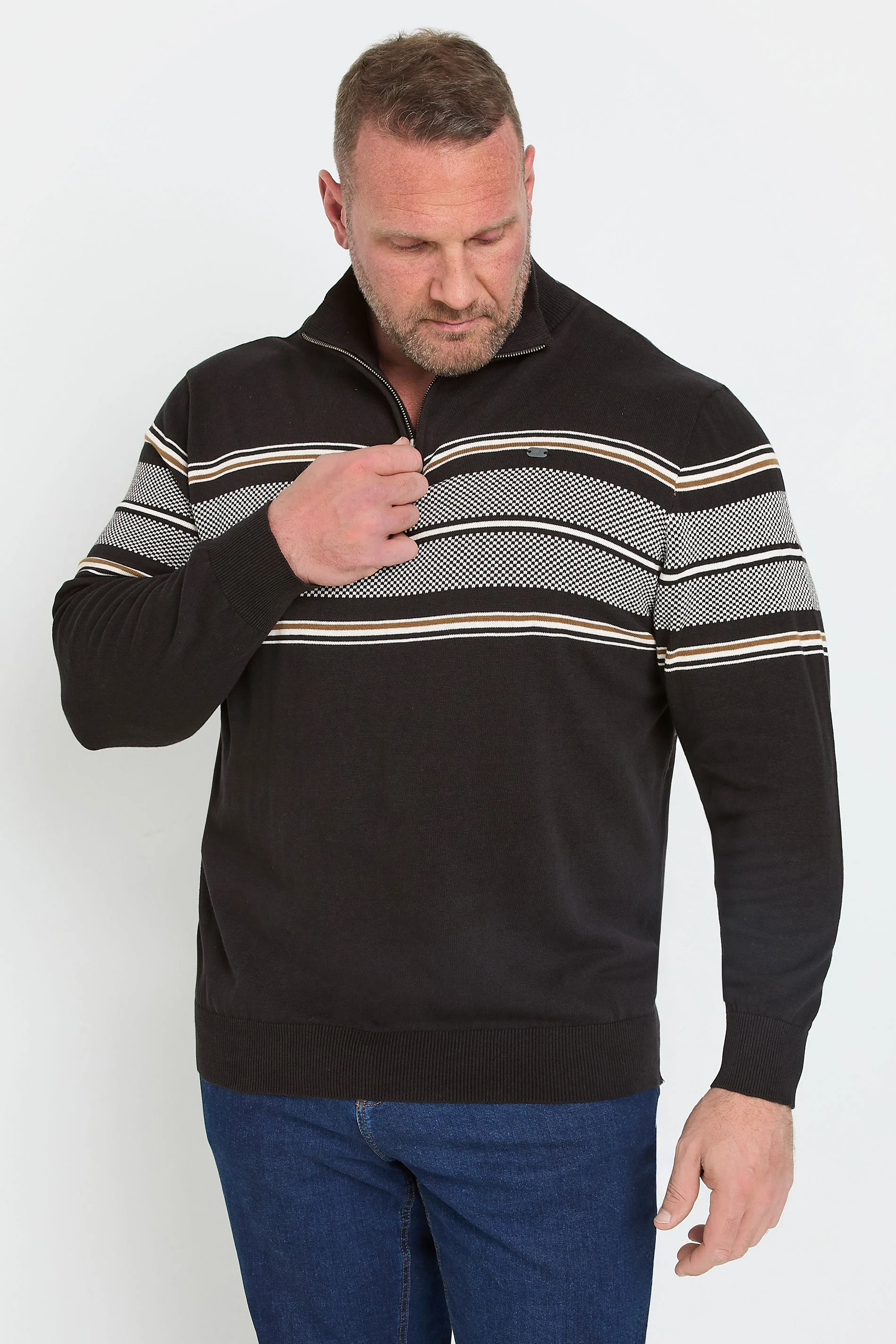 Kam KAM Big & Tall Black Quarter Zip Stripe Knit Jumper