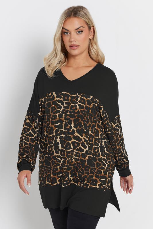 Yours YOURS Curve Black & Brown Animal Print Colourblock Top