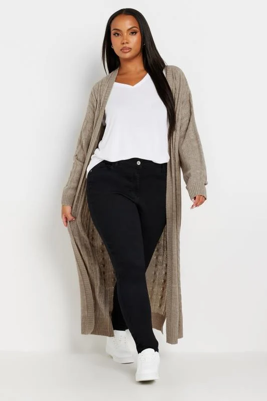 Yours YOURS Curve Stone Brown Cable Knit Maxi Cardigan