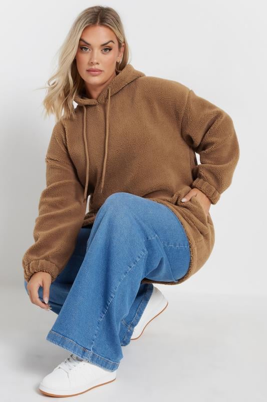 Yours YOURS Curve Natural Brown Teddy Fleece Hoodie