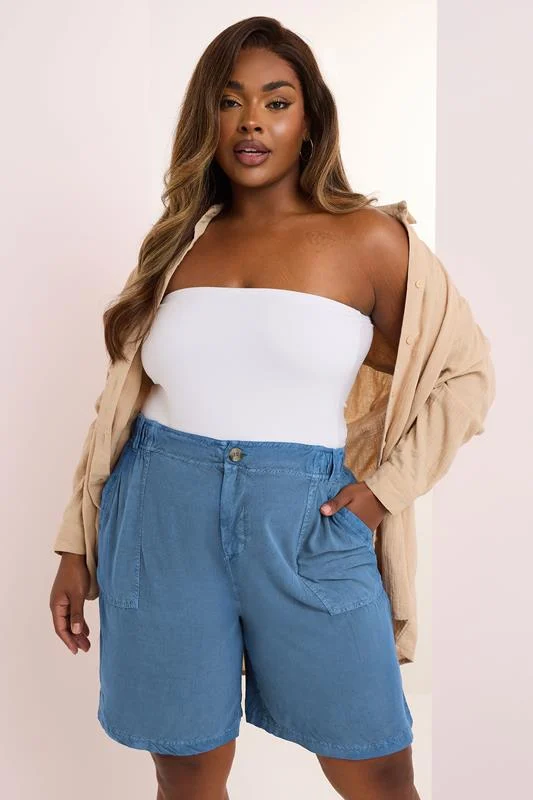 Yours YOURS Curve Mid Blue Chambray Pull On Shorts