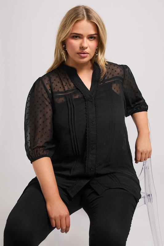 Yours London YOURS LONDON Curve Black Dobby Crochet Trim Blouse