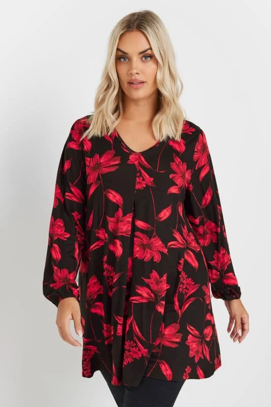 Yours YOURS Curve Black & Red Floral Print Pleat Front Top