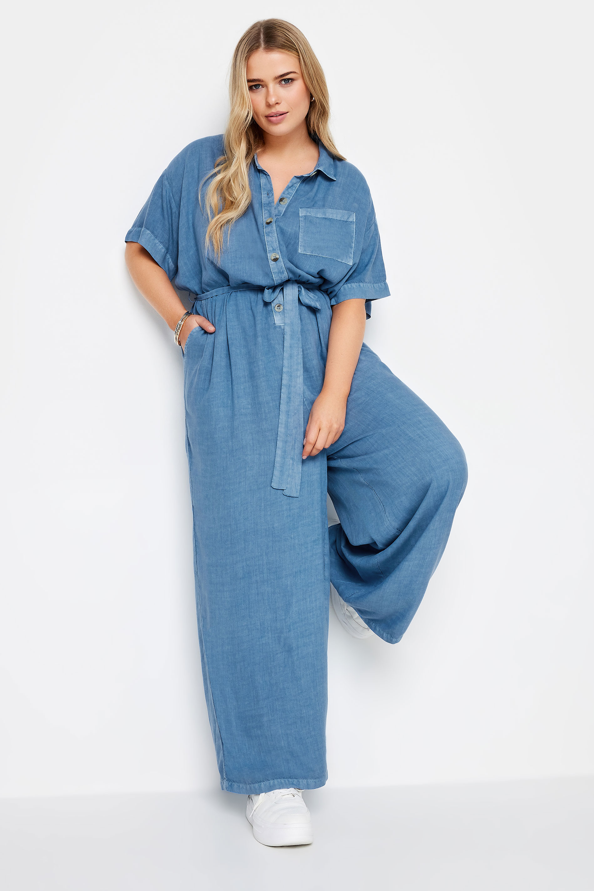 Yours YOURS Curve Blue Chambray Wide Leg Jumpsuit