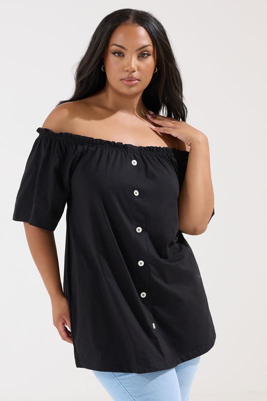 Yours YOURS Curve Black Button Front Frill Bardot Top