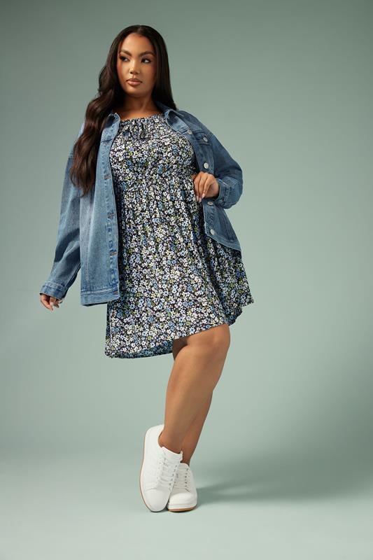 Yours YOURS Curve Blue Floral Crinkle Tie Neck Tunic Dress