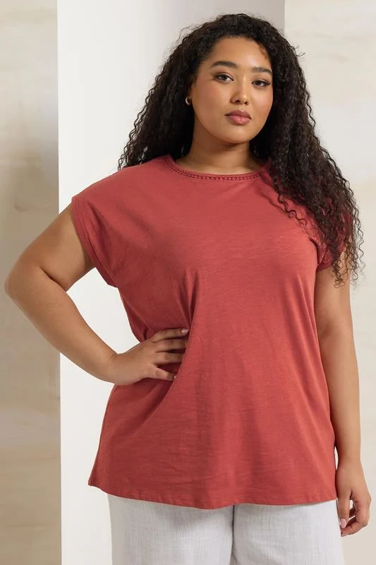 Yours YOURS Curve Rust Orange Crochet Trim Detail T-Shirt