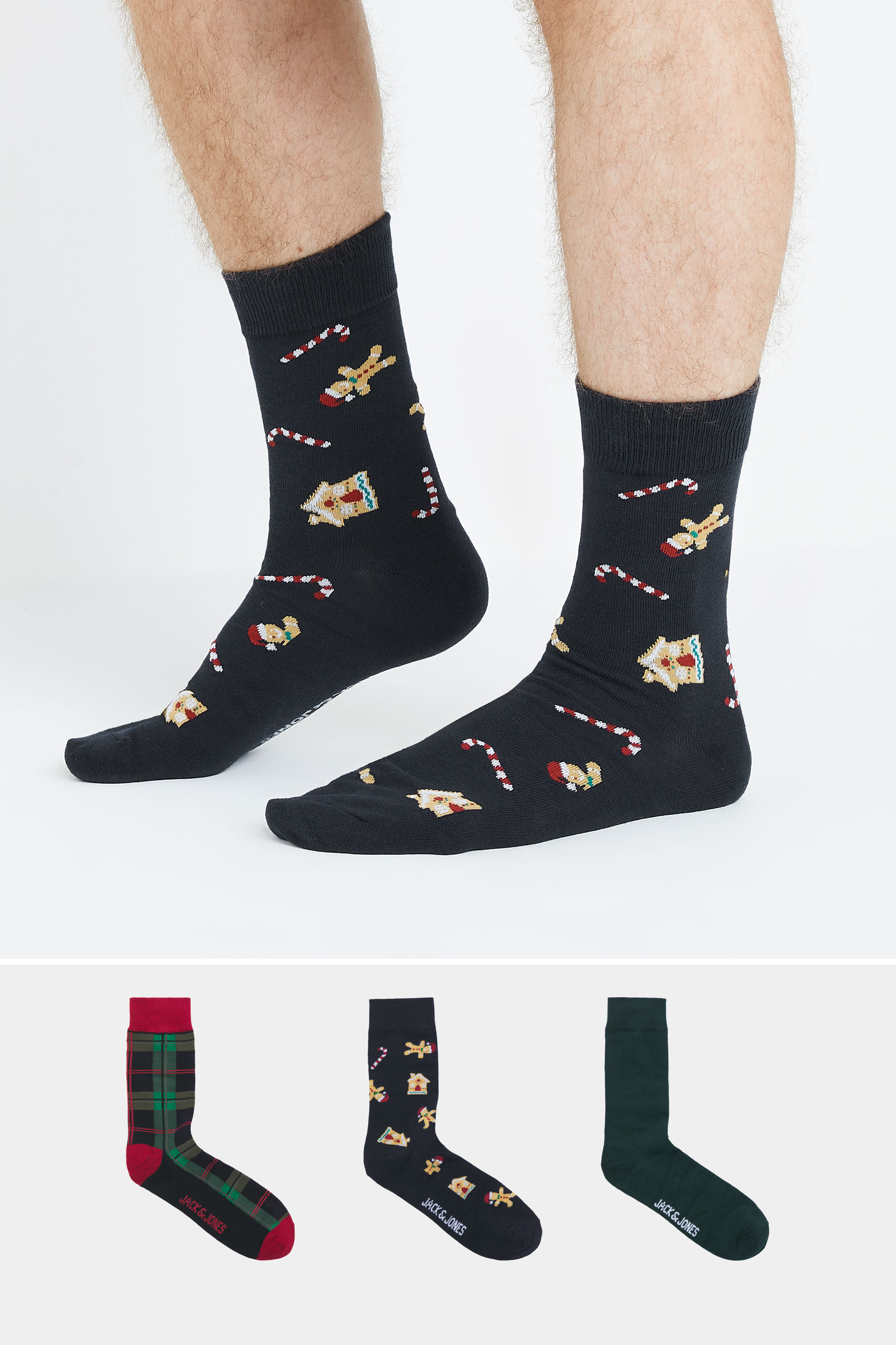 Jack & Jones JACK & JONES 3 PACK Blue & Green Christmas & Tartan Print Socks