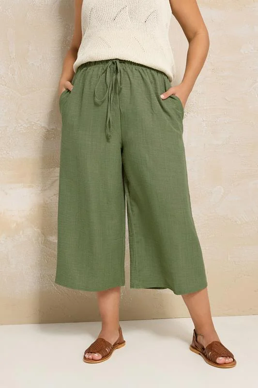 Yours YOURS Curve Khaki Green Linen Look Cropped Trousers