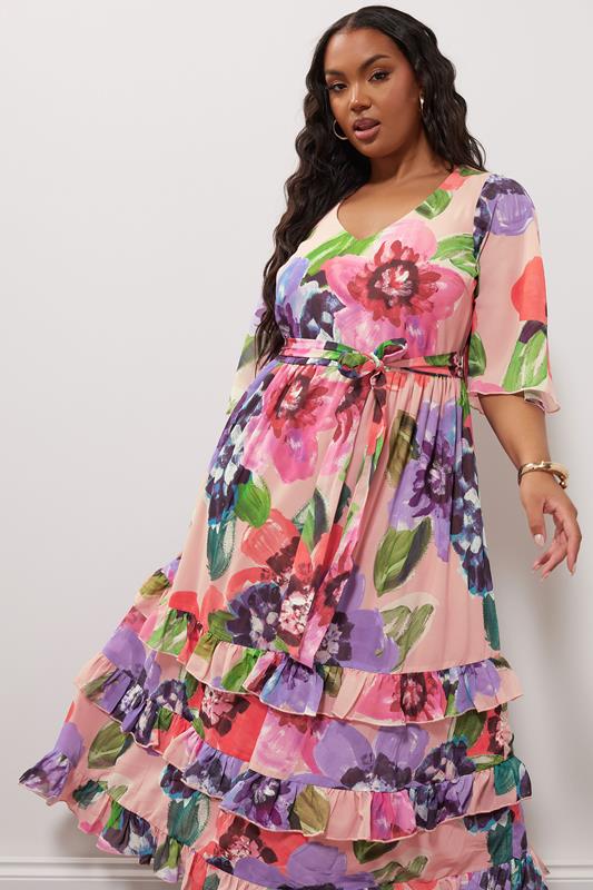 Yours London YOURS LONDON Curve Pink Floral Print Tiered Maxi Dress