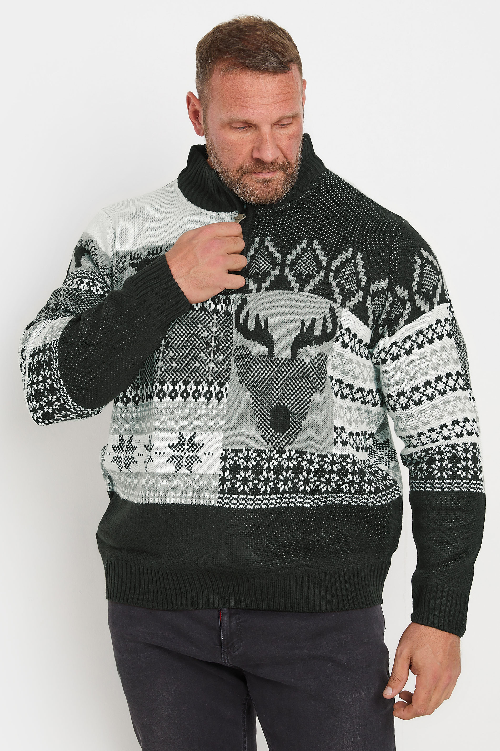 D555 D555 Big & Tall Black Christmas Stag Quarter Zip Jumper