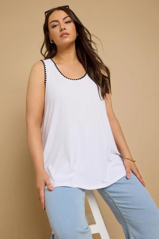 Yours YOURS Curve White Contrast Blanket Stitch Ribbed Vest Top