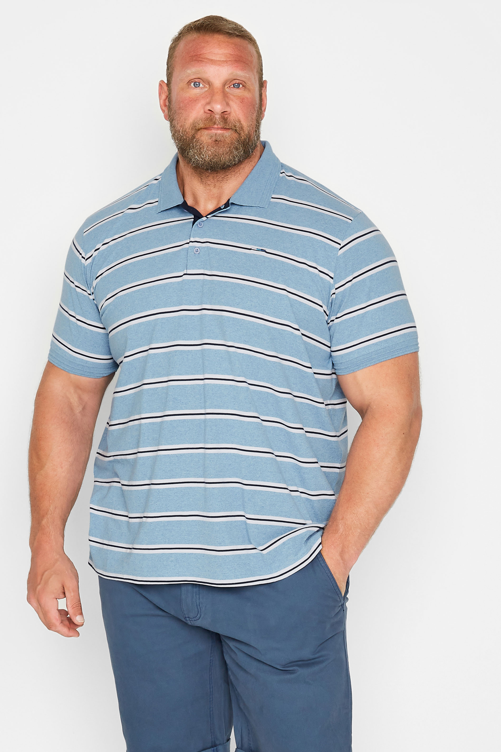 BadRhino BadRhino Big & Tall Light Blue Stripe Print Polo Shirt