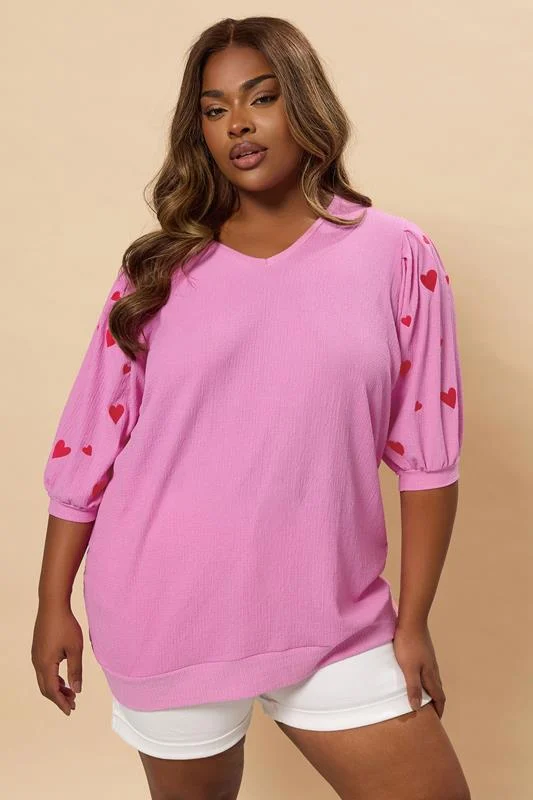 Yours YOURS Curve Pink Embroidered Heart Sleeve Top