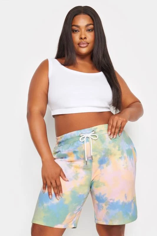 Yours YOURS Curve Blue & Green Tie Dye Jogger Shorts