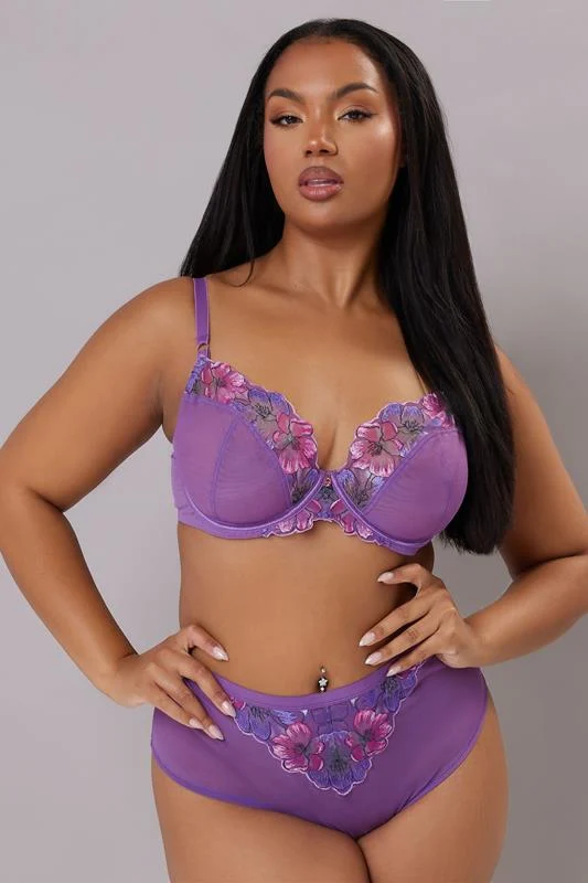 Yours YOURS Curve Purple Floral Embroidered Mesh Briefs