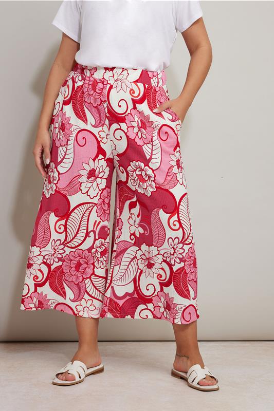 Yours YOURS Curve Pink Floral Textured Midaxi Culottes