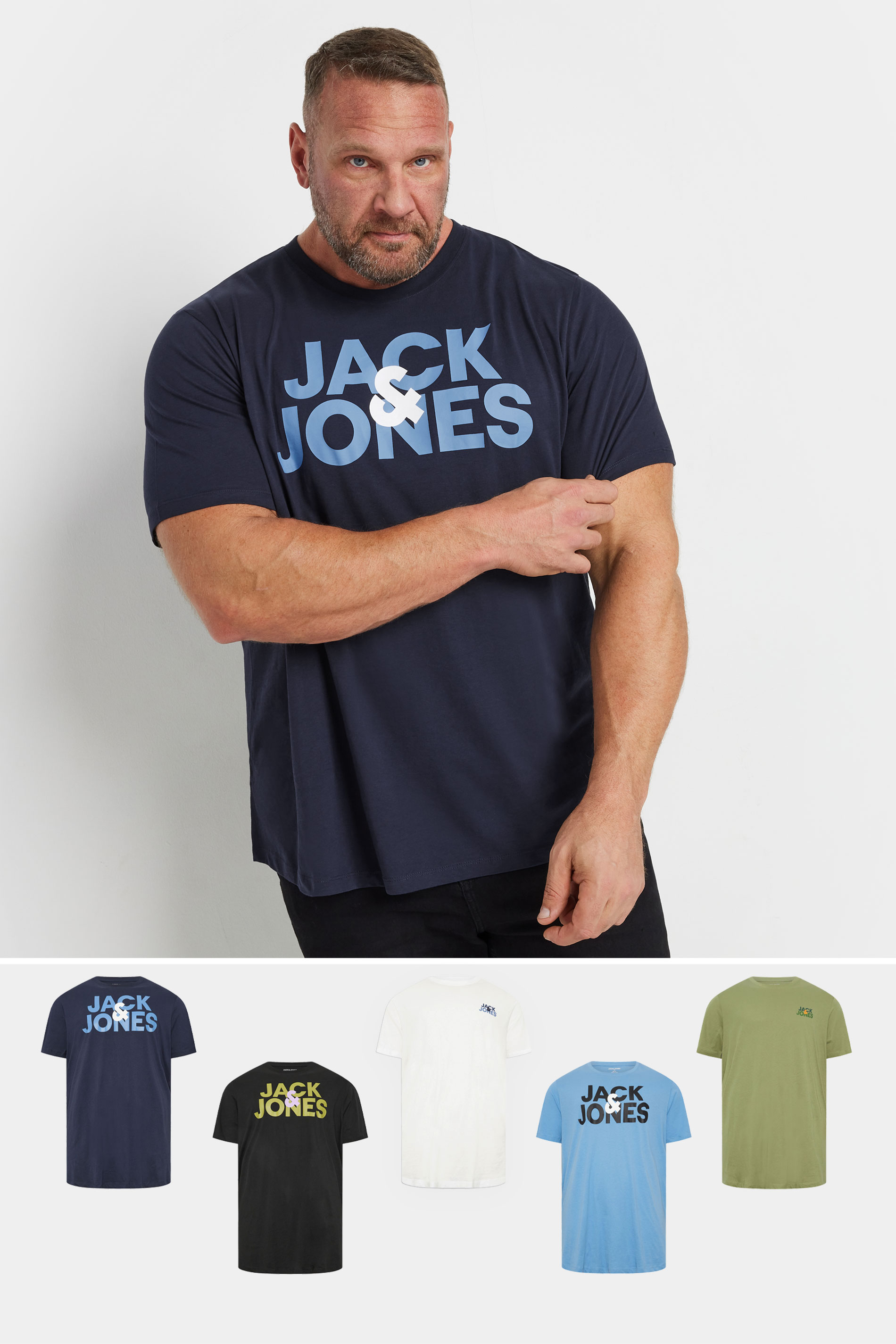 Jack & Jones JACK & JONES Big & Tall 5 PACK White & Blue Logo T-Shirts