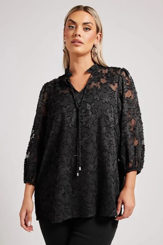 Yours London YOURS LONDON Curve Black Floral Burnout Tie Neck Blouse