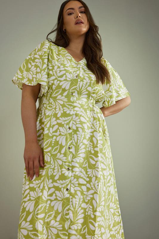 Evans EVANS Curve Chartreuse Green Leaf Print Midi Dress