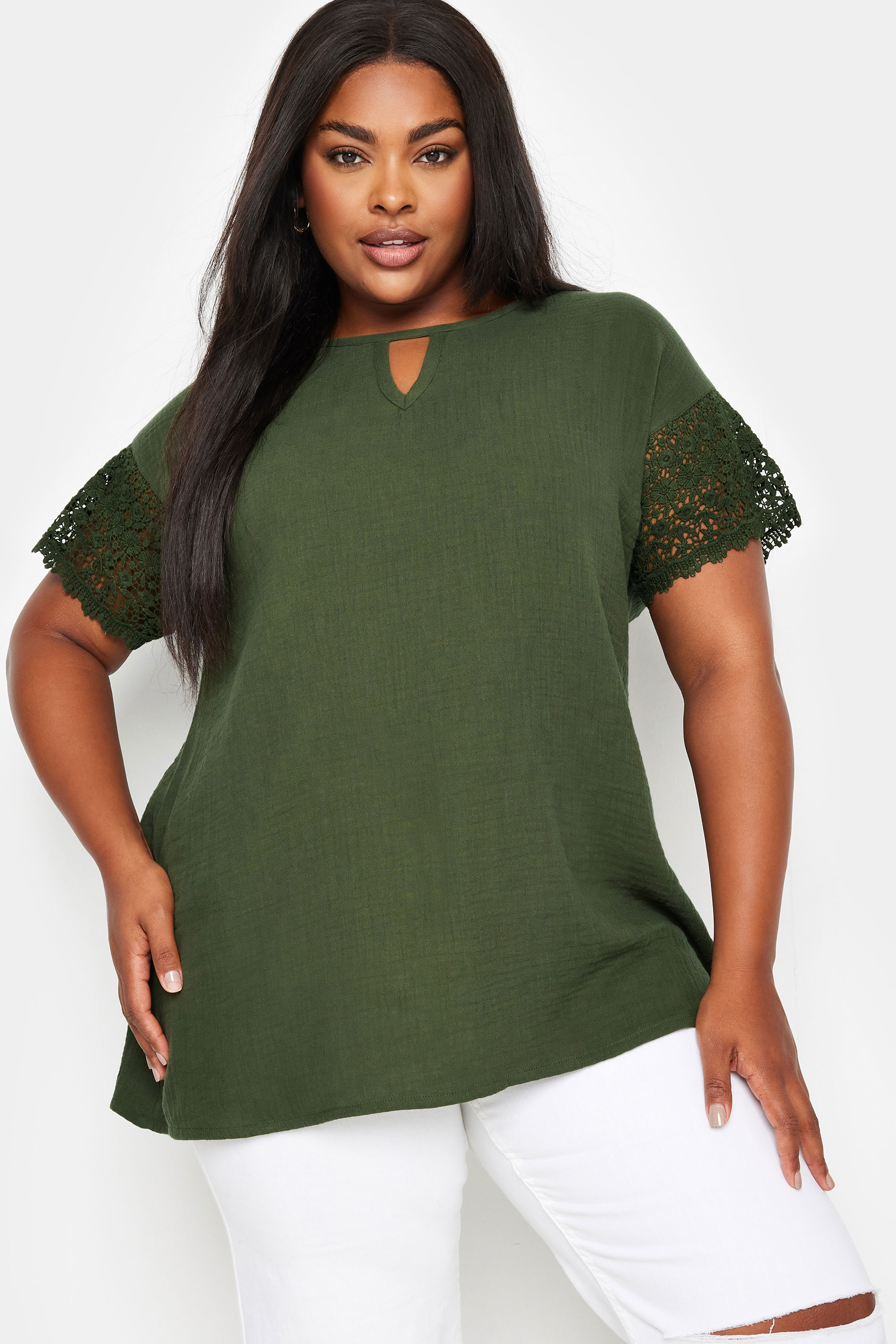 Yours YOURS Curve Khaki Green Cheesecloth Crochet Top