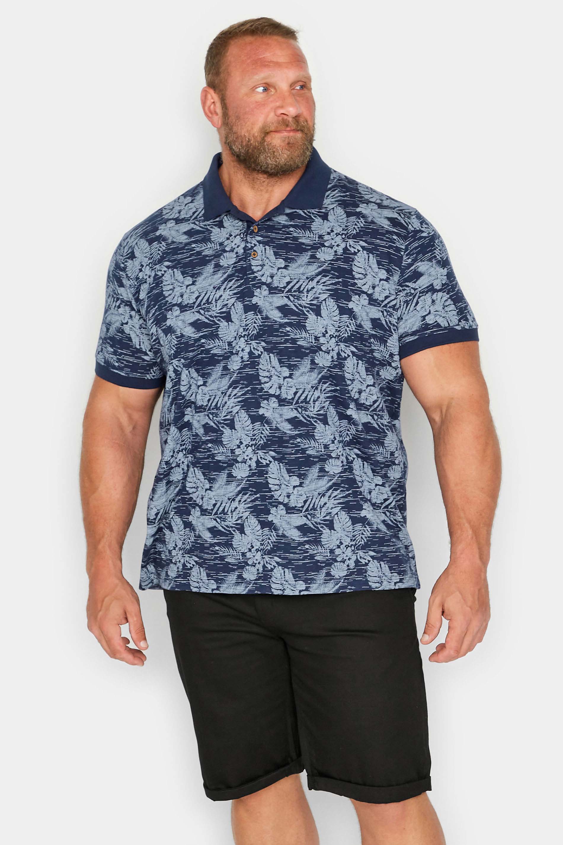 BadRhino BadRhino Big & Tall Blue Leaf Print Polo Shirt