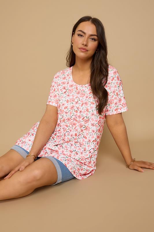 Yours YOURS Curve Pink Floral Print Broderie Anglaise T-Shirt