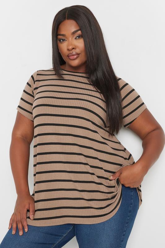 Yours YOURS Curve Brown Stripe Ribbed Swing T-Shirt