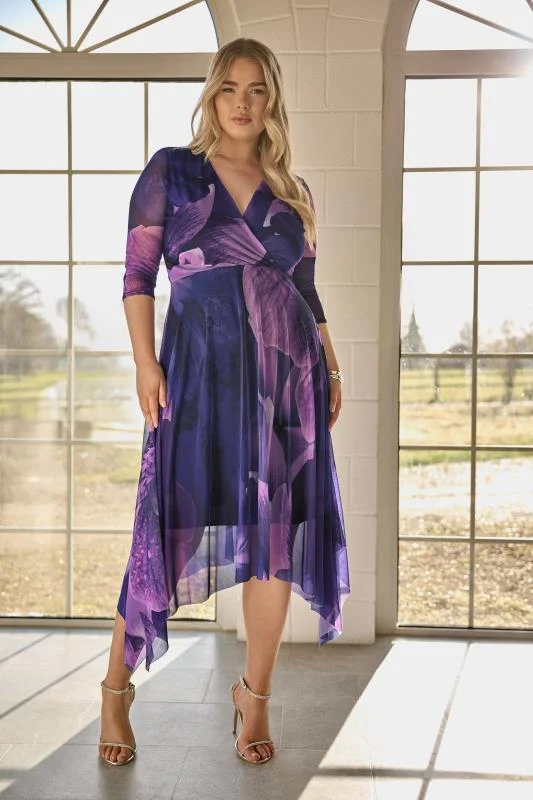 Yours London YOURS LONDON Curve Purple Abstract Print Hanky Hem Mesh Dress