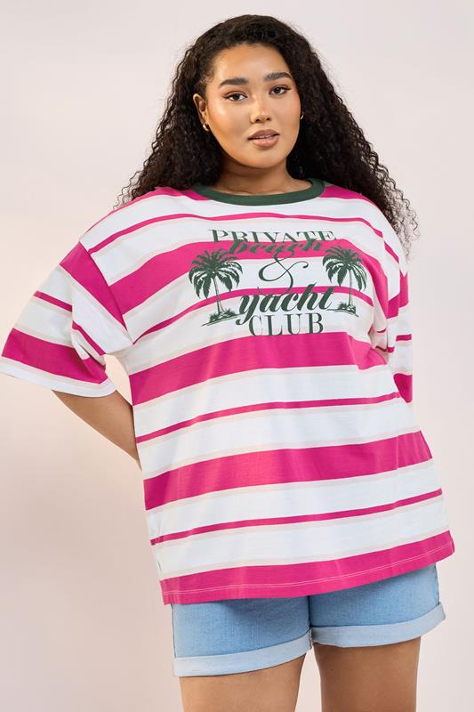Yours YOURS Curve Pink 'Beach Club' Slogan Stripe T-Shirt
