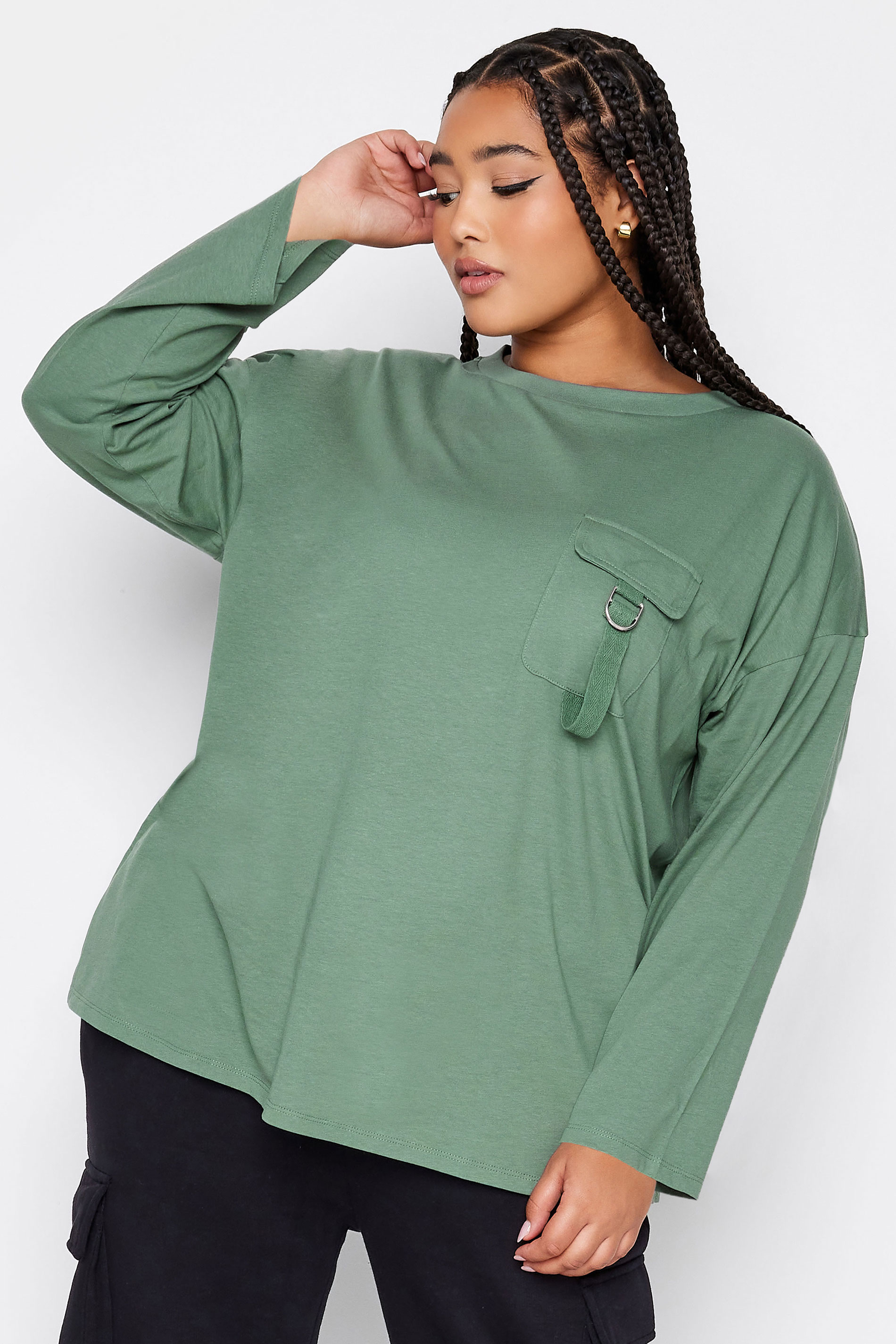 Yours YOURS Curve Green Utility Pocket Long Sleeve T-Shirt