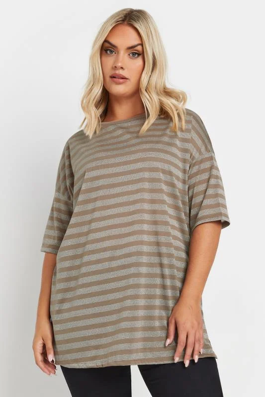 Yours YOURS Curve Grey Metallic Stripe Boxy T-Shirt