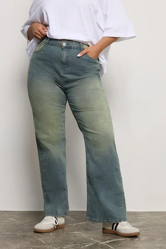 Yours YOURS Curve Blue Washed Effect Wide Leg Jeans