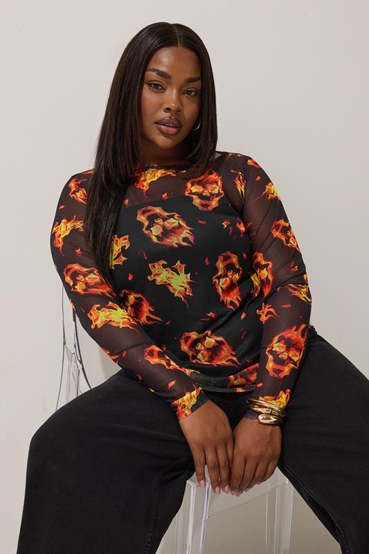 Limited Collection LIMITED COLLECTION Curve Black Fire Skull Mesh Top