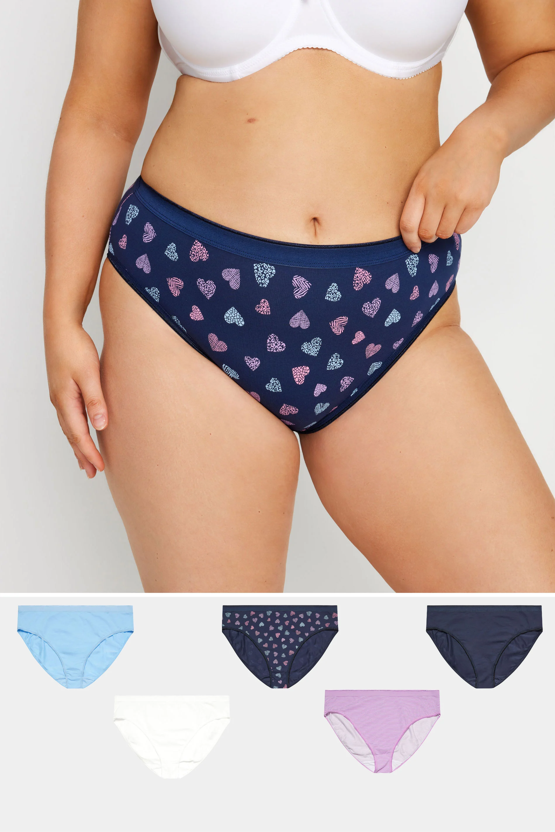 Yours YOURS 5 PACK Curve Navy Blue Heart Print High Leg Knickers
