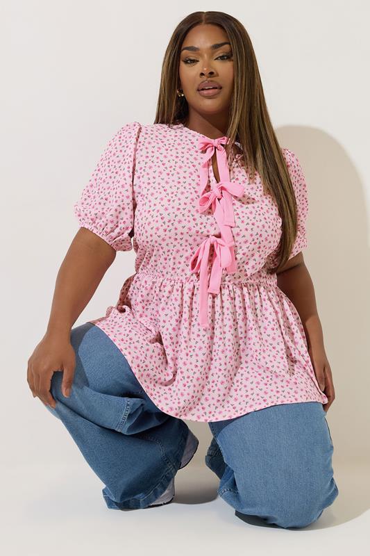 Limited Collection LIMITED COLLECTION Curve Pink Ditsy Floral Bow Tie Front Top