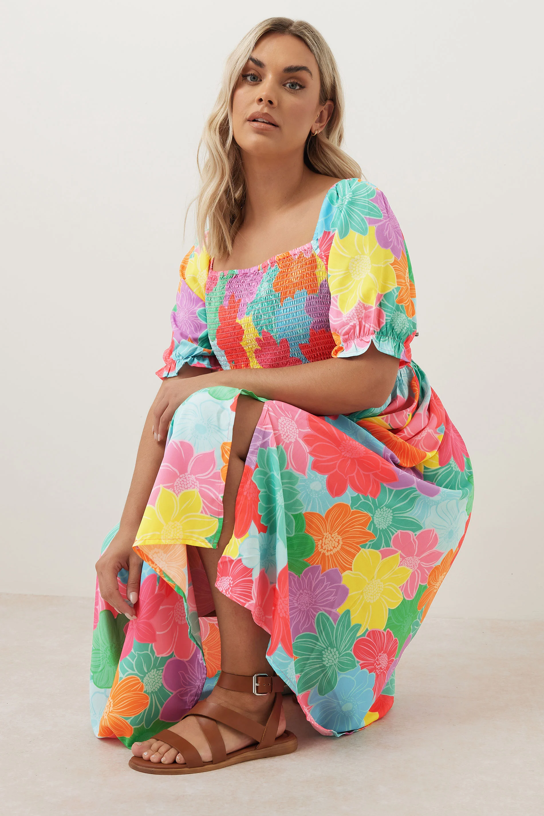 Yours YOURS Curve Pink & Blue Floral Print Shirred Midaxi Dress