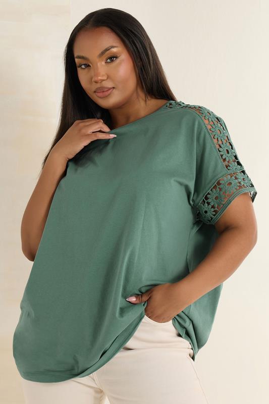 Yours YOURS Curve Green Crochet Sleeve Boxy T-Shirt