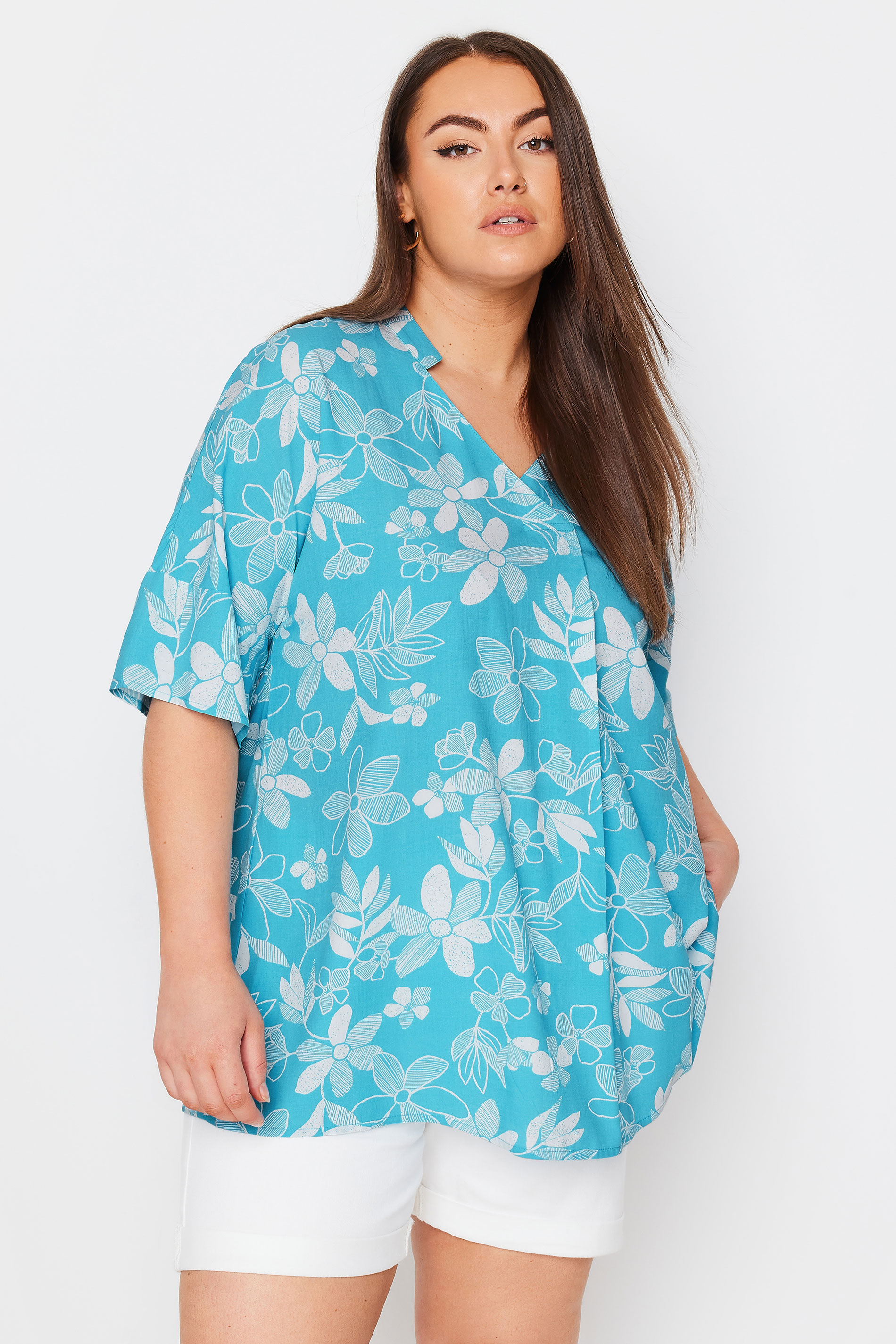Yours YOURS Curve Aqua Blue Floral Print Pleat Front Blouse