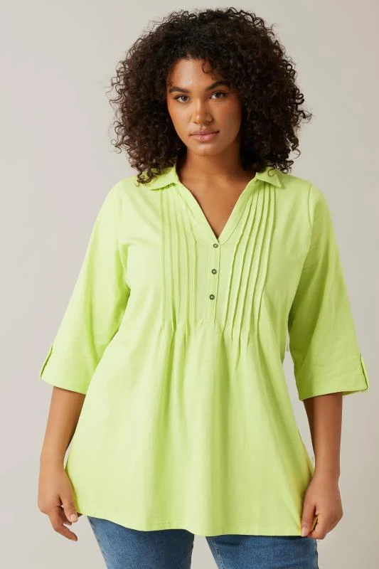 Evans EVANS Curve Chartreuse Green Pintuck Henley Top