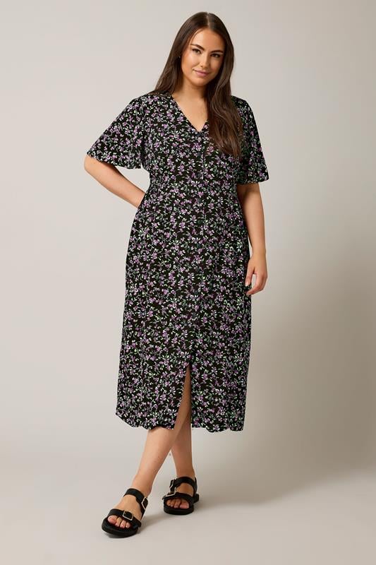 Evans EVANS Curve Black & Purple Floral Print Midi Dress
