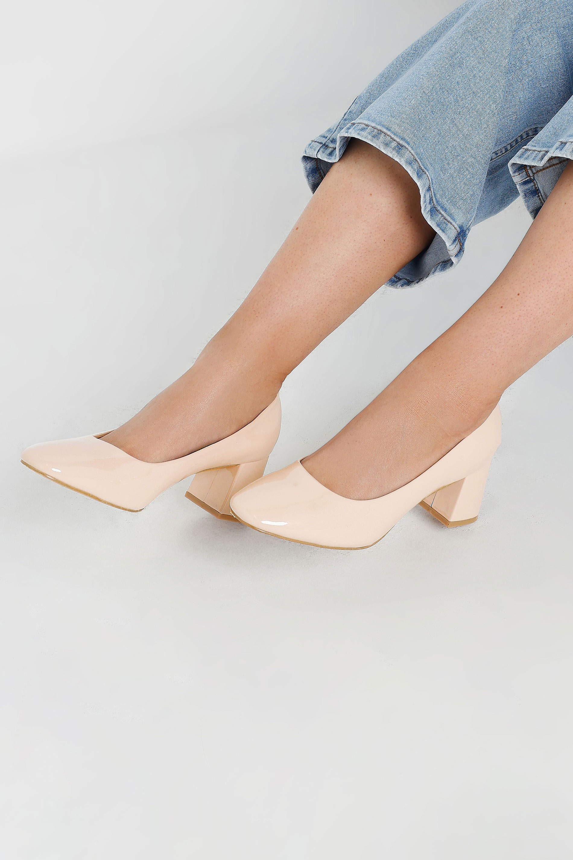 Yours Nude Patent Mid Block Heel Court Shoes In Extra Wide EEE Fit