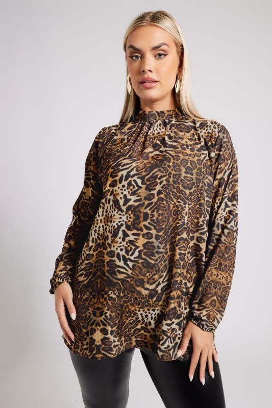 Yours London YOURS LONDON Curve Brown Animal Print High Neck Blouse