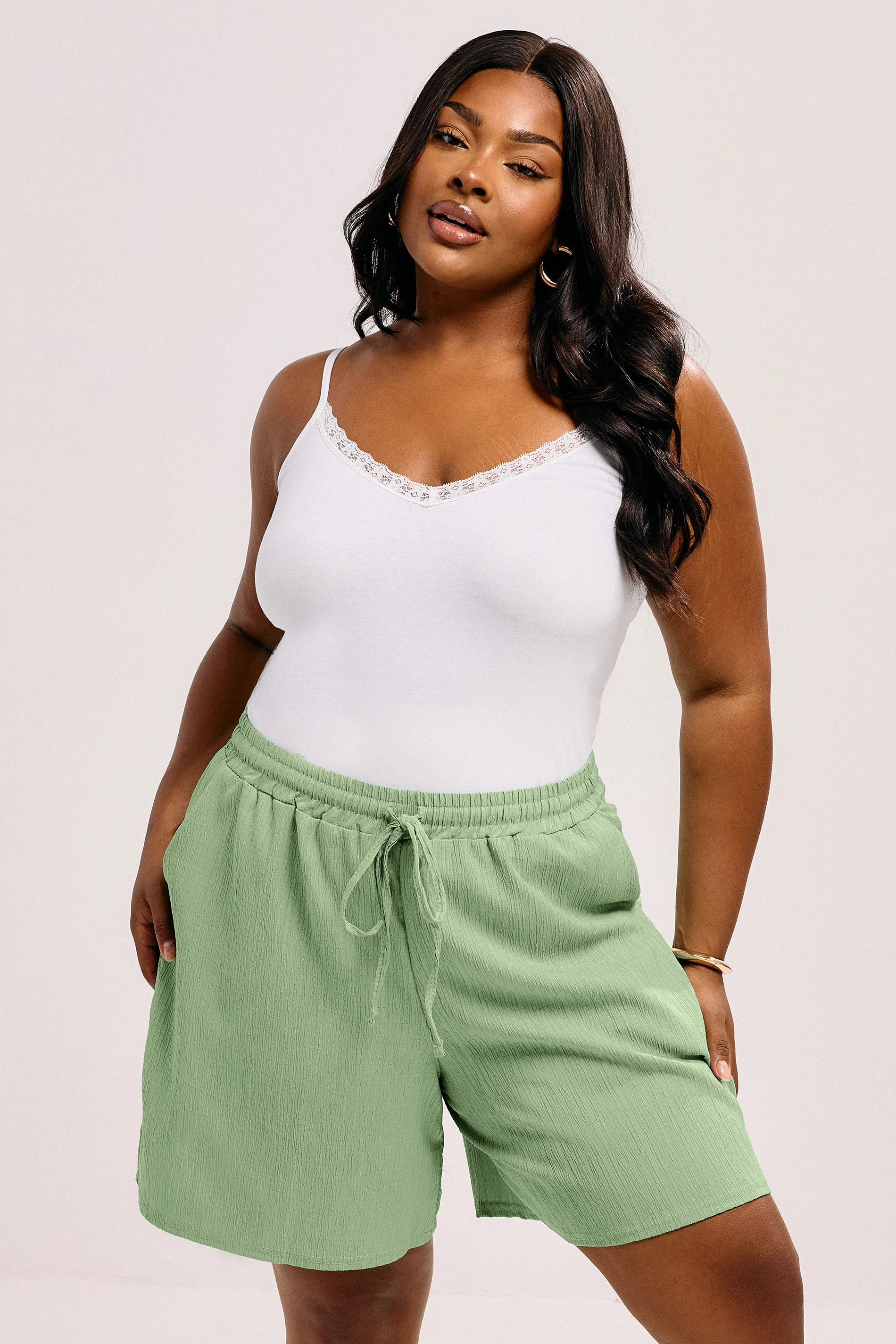 Yours YOURS Curve Sage Green Crinkle Tie Waist Shorts