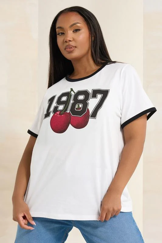 Yours YOURS Curve White '1987' Cherry Print T-Shirt