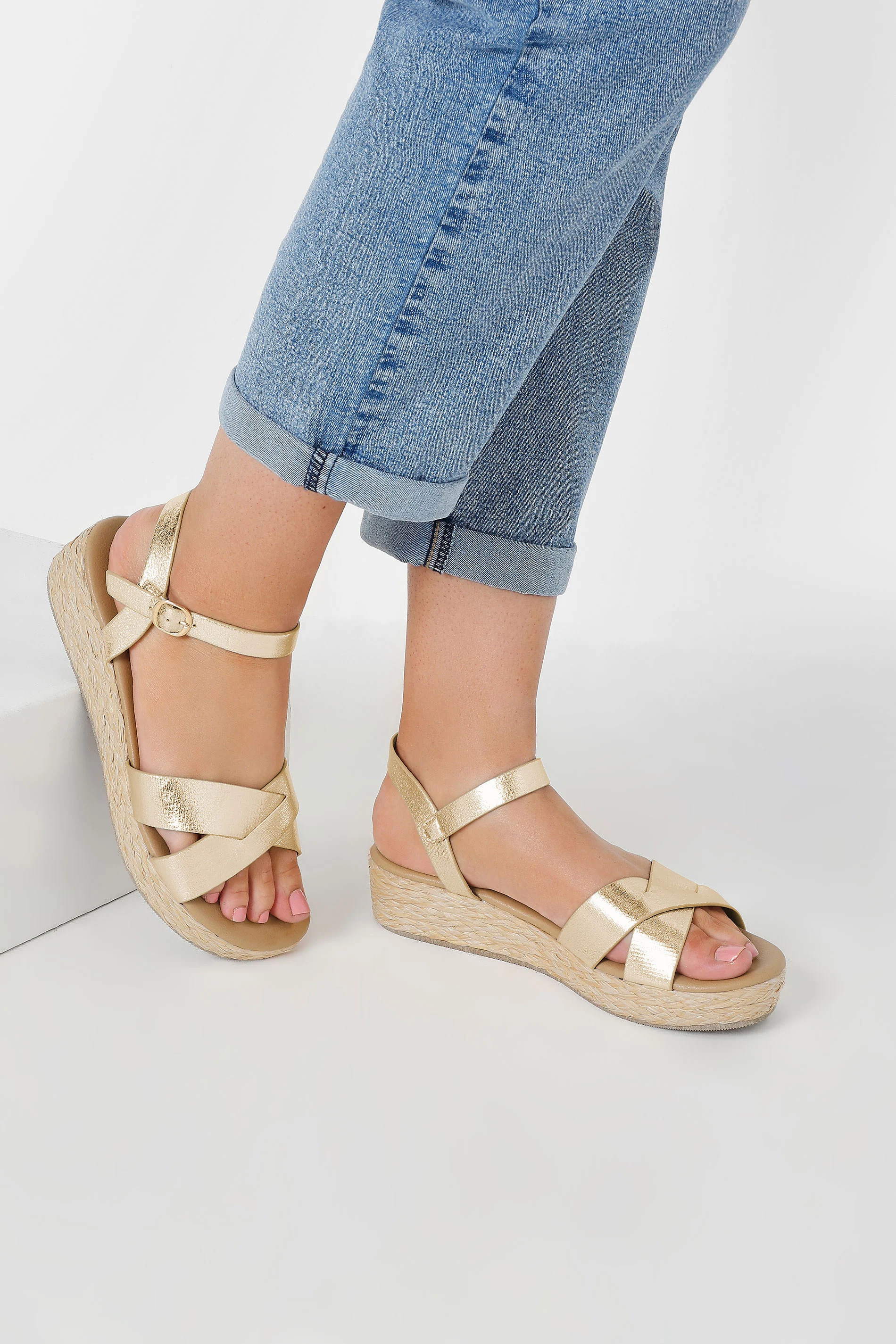 Yours Gold Cross Strap Platform Wedge Sandals In Wide E Fit & Extra Wide EEE Fit
