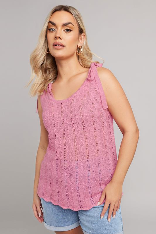 Yours YOURS Curve Pink Bow Tie Detail Knitted Vest Top