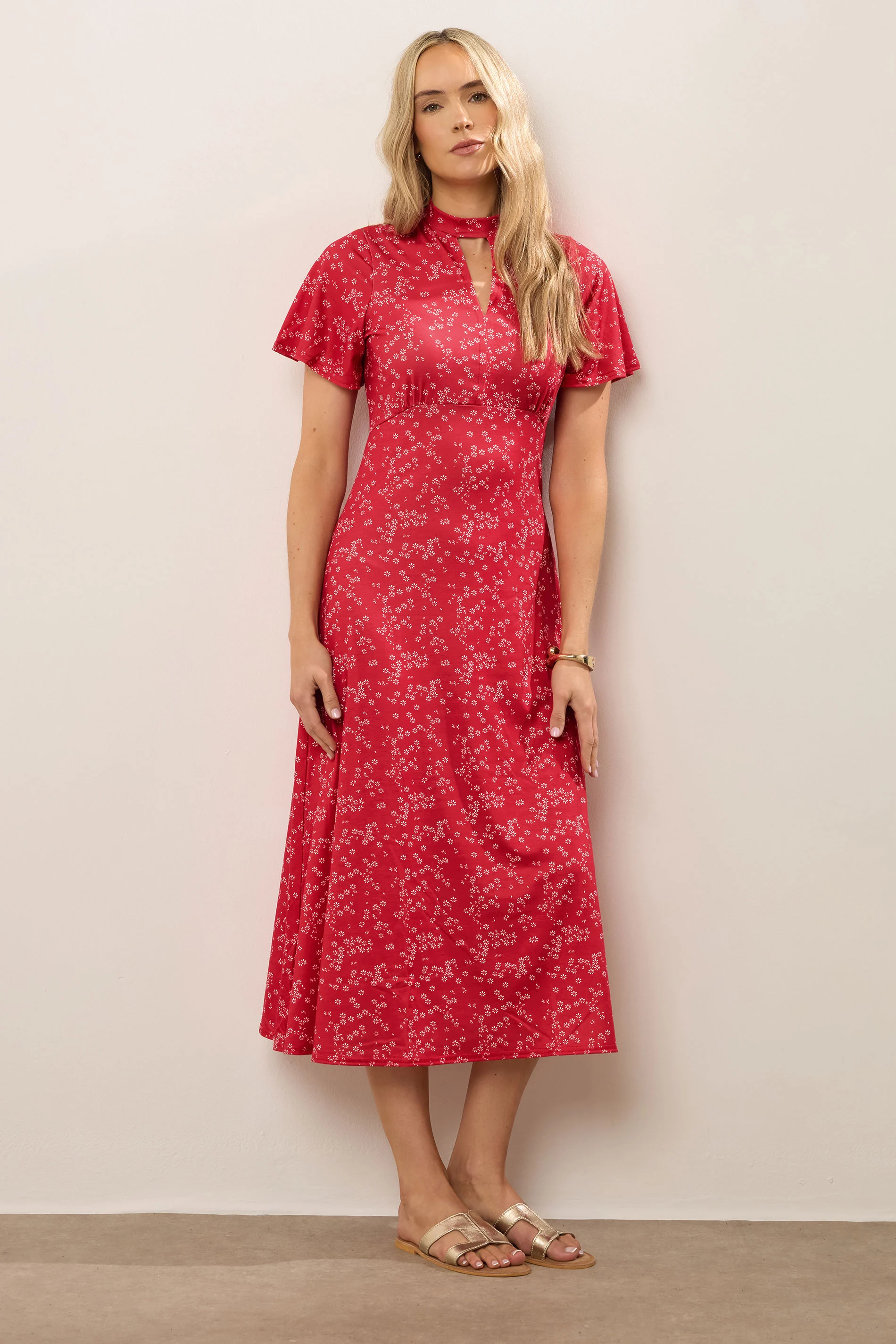 LTS LTS Tall Red Ditsy Print Keyhole Midi Dress